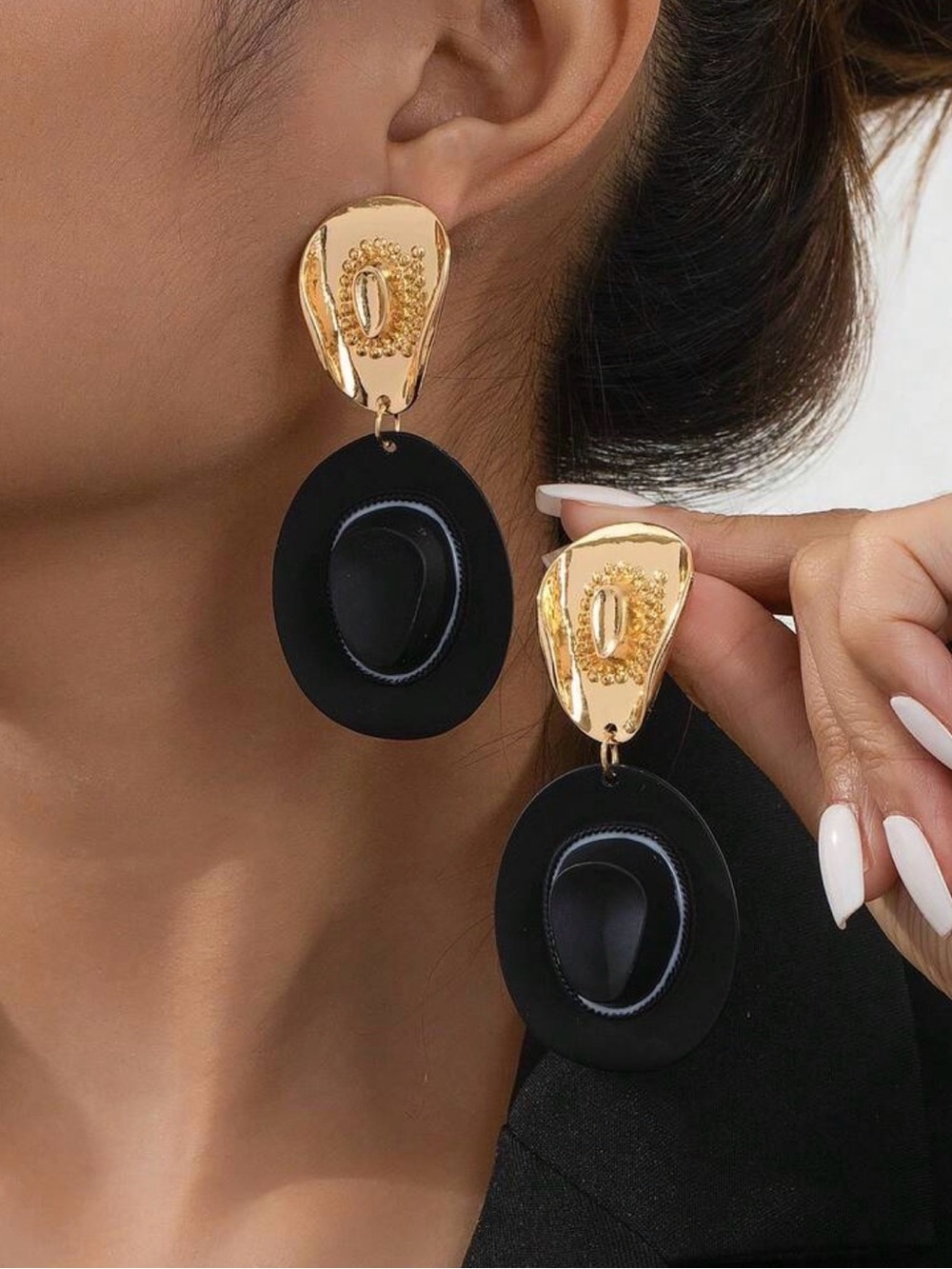 Gold and Black Statement Drop Earrings - Women Jewelry